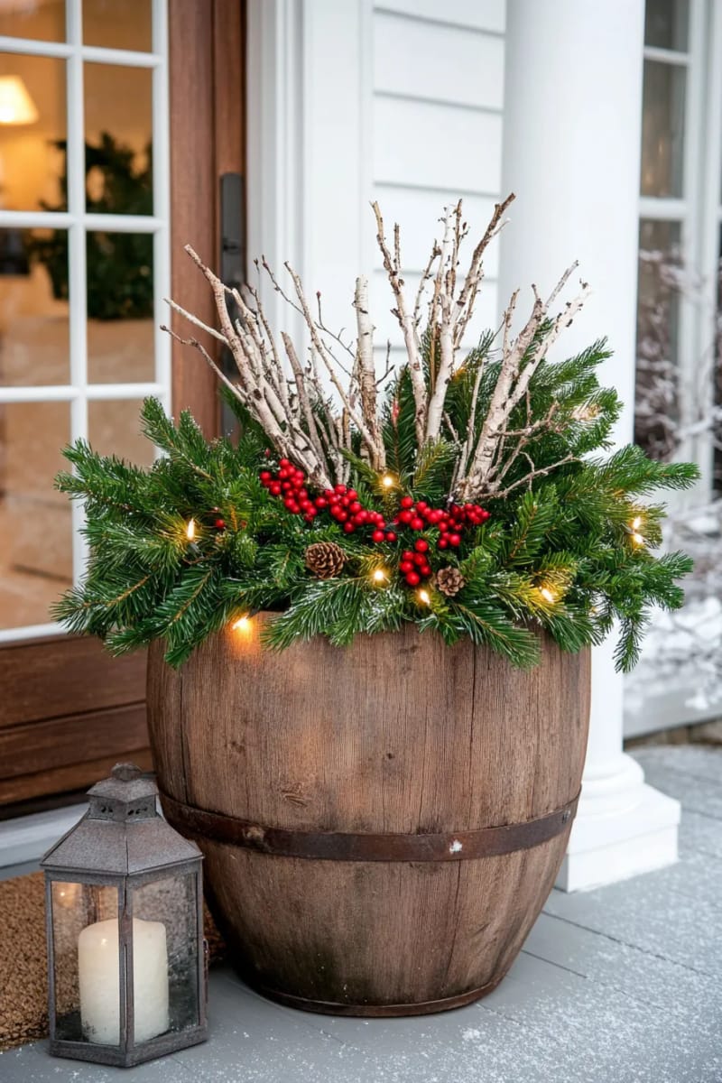 outdoor planter filled with twigs, evergreen, berries, and soft white lights 1