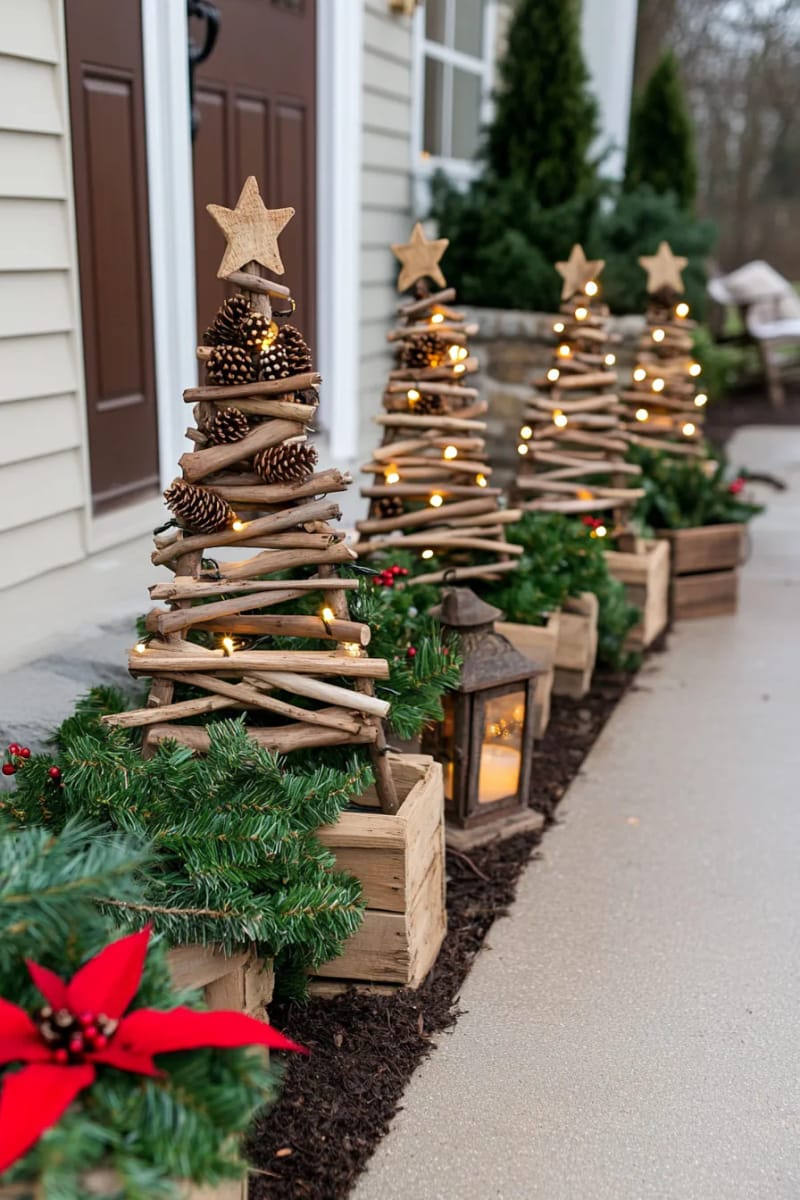 outdoor wooden christmas trees made from driftwood and twine 1