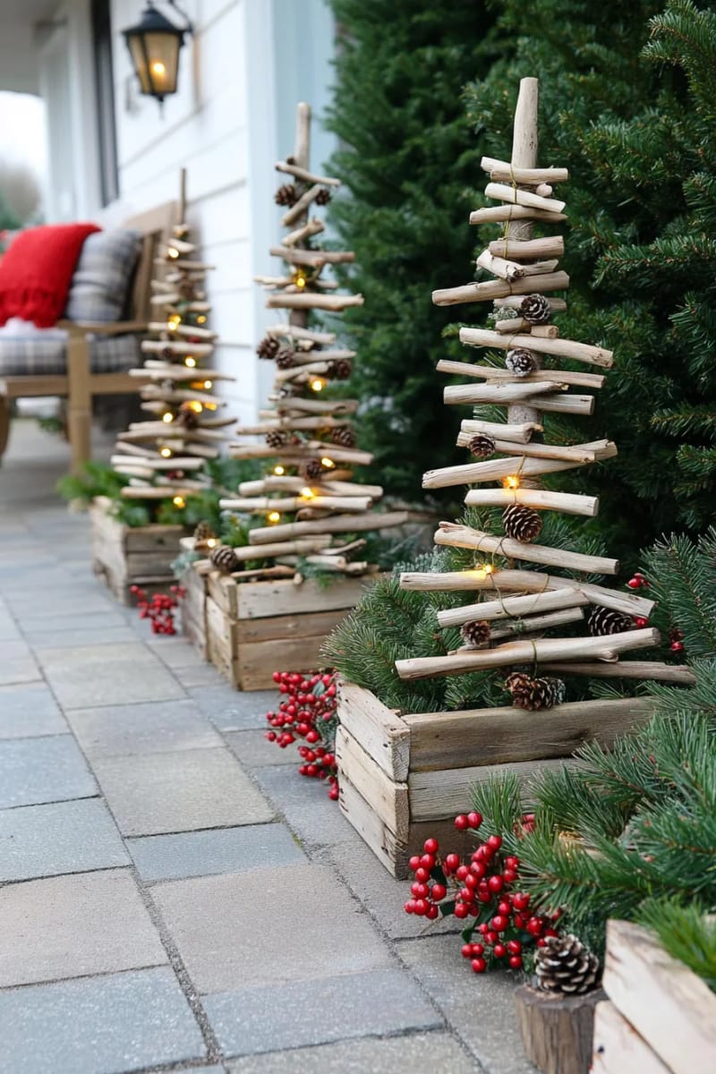 outdoor wooden christmas trees made from driftwood and twine 1