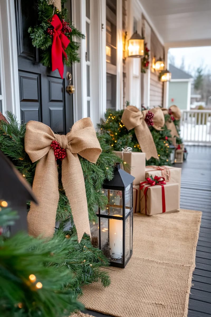 oversized burlap bows with greenery for front porch christmas decor 1