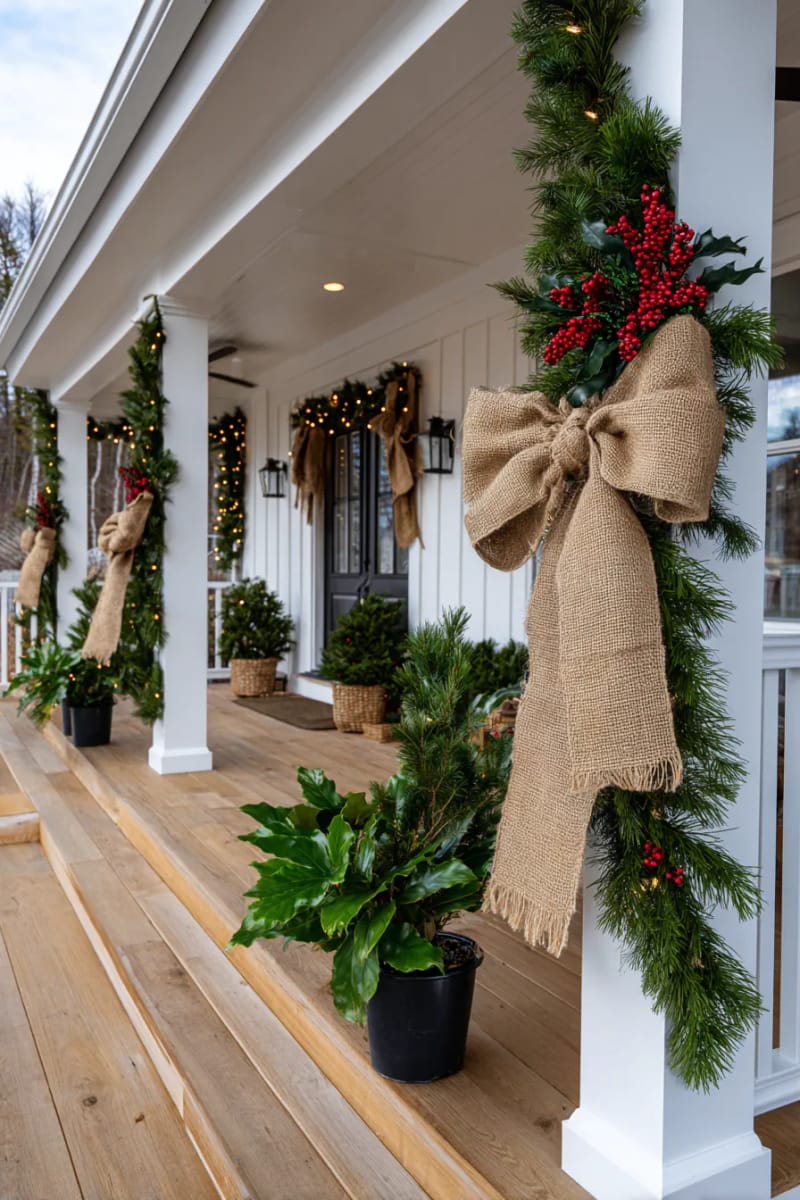 oversized burlap bows with greenery for front porch christmas decor 1
