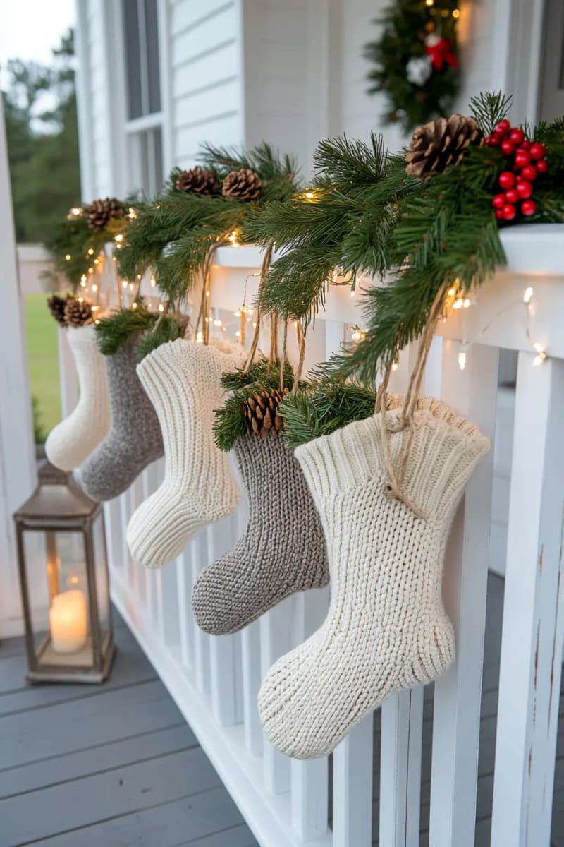 15 Simple Farmhouse Christmas Front Porch Decor Ideas 9 oversized knit stockings hanging from porch railings with pine sprigs 1