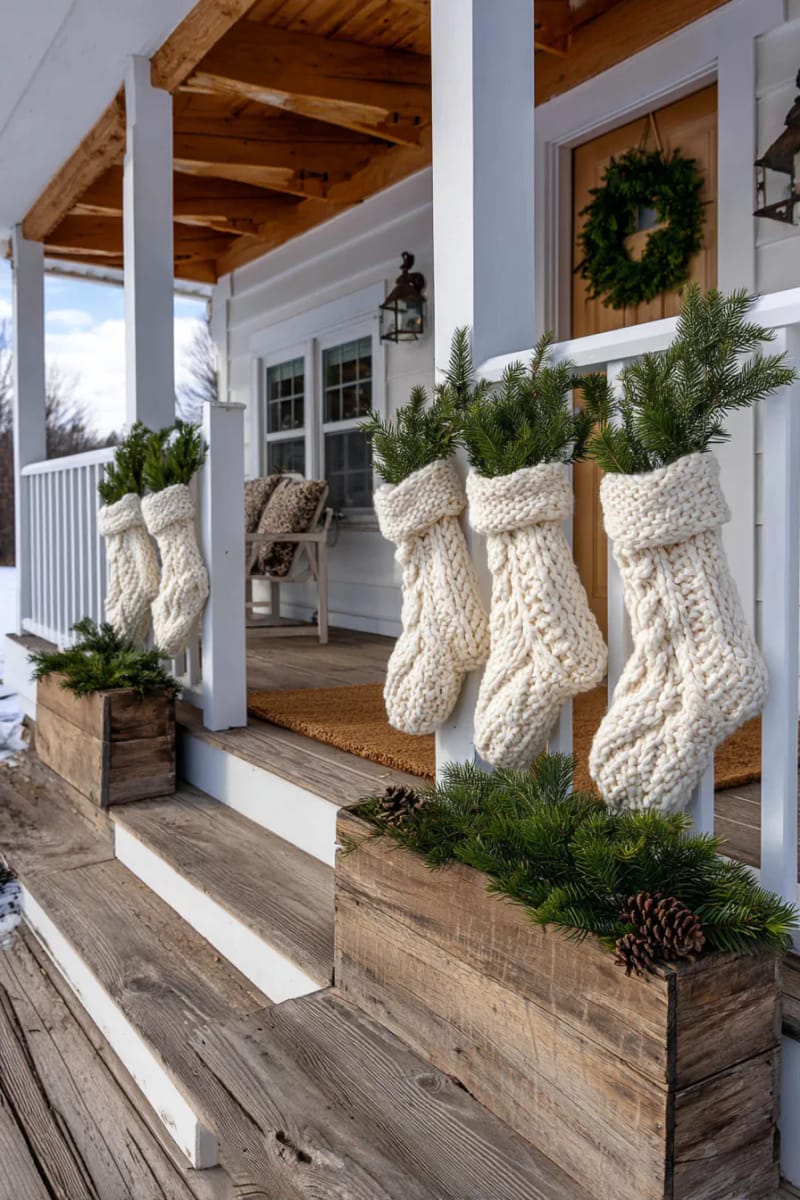 15 Simple Farmhouse Christmas Front Porch Decor Ideas 10 oversized knit stockings hanging from porch railings with pine sprigs 1