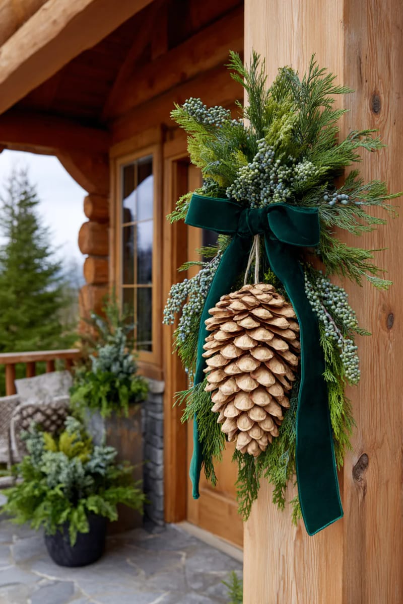 oversized pinecone door hanger tied with velvet ribbon and juniper 1