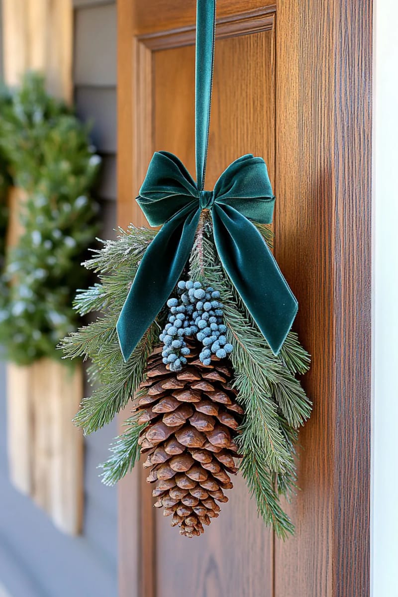oversized pinecone door hanger tied with velvet ribbon and juniper 1