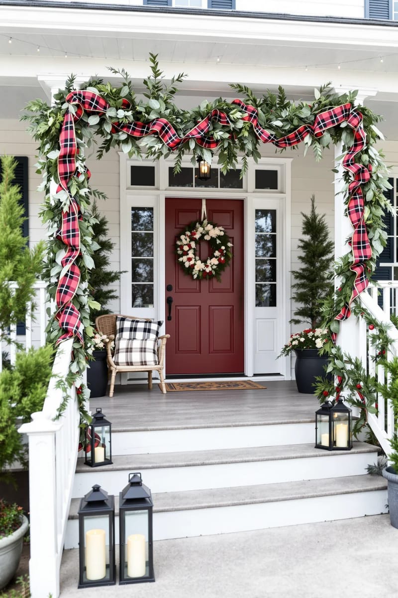 15 Cozy Modern Farmhouse Christmas Ideas For Front Porch 2025 3 oversized plaid ribbon garland with eucalyptus and pinecones draping farmhouse porch railings 1