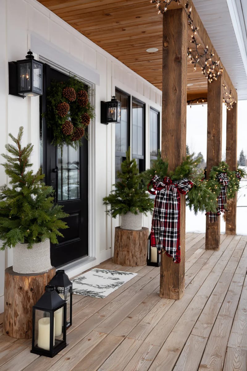 15 Cozy Modern Farmhouse Christmas Ideas For Front Porch 2025 4 oversized plaid ribbon garland with eucalyptus and pinecones draping farmhouse porch railings 1