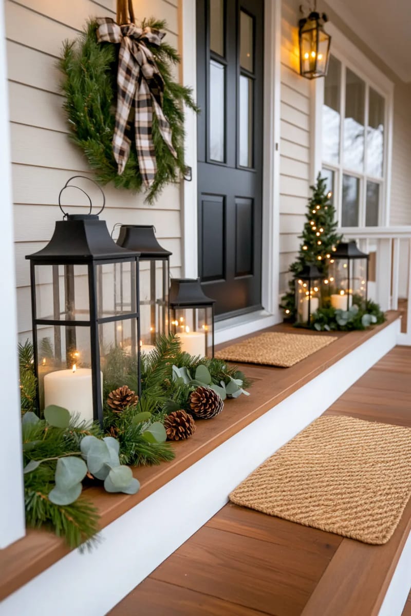 15 Cozy Modern Farmhouse Christmas Ideas For Front Porch 2025 5 oversized plaid ribbon garland with eucalyptus and pinecones draping farmhouse porch railings 1