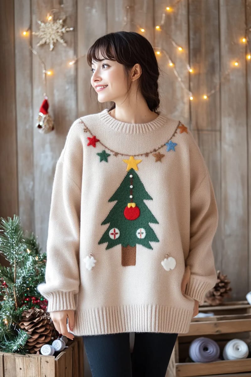 oversized sweater with upcycled felt appliqué christmas tree and ornaments. 1