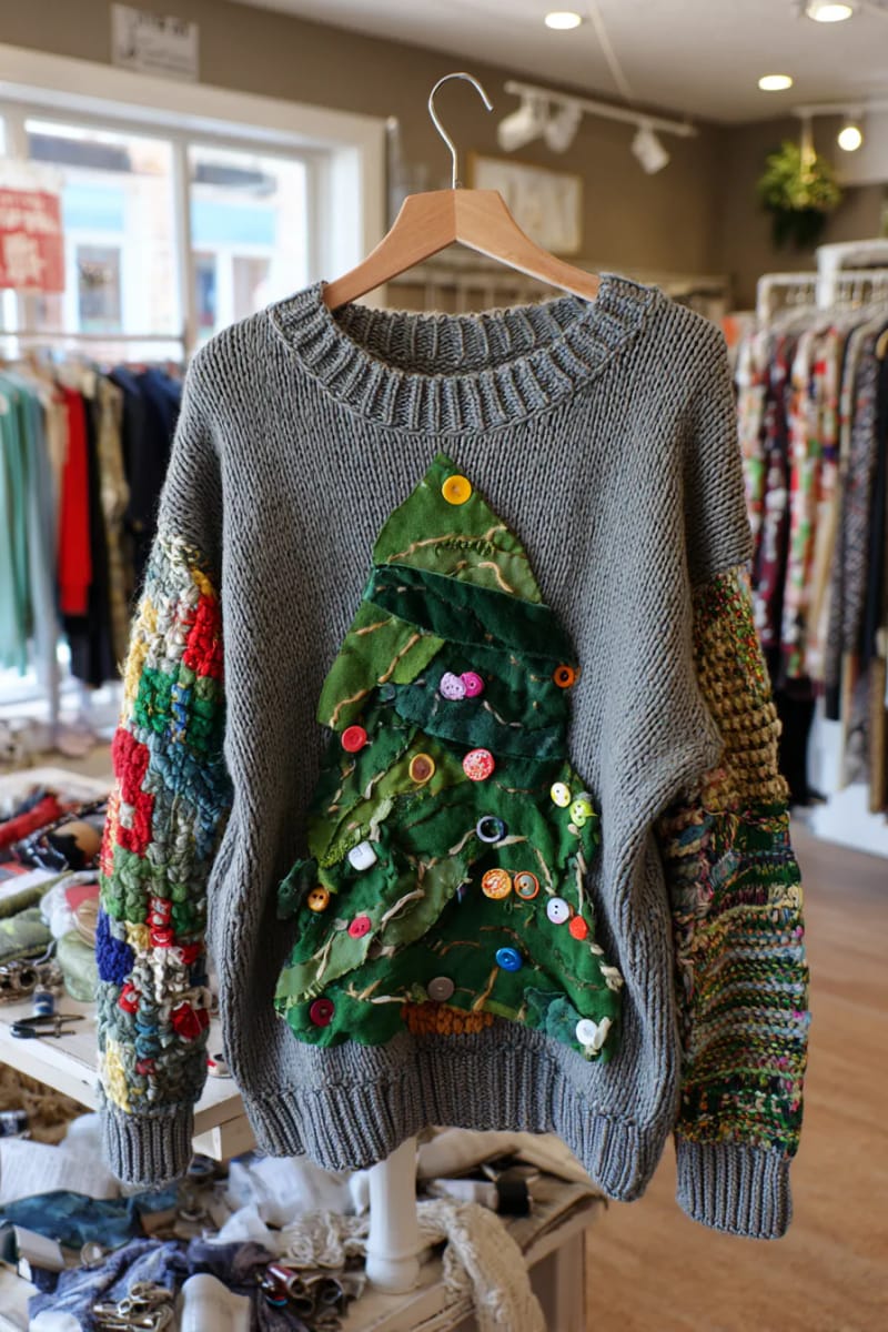 oversized sweater with upcycled felt appliqué christmas tree and ornaments. 1
