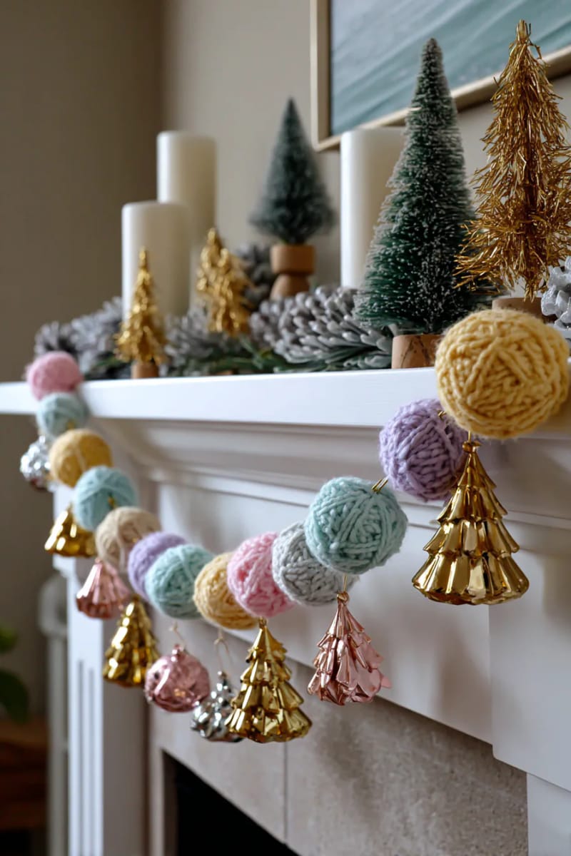 pastel rainbow wool balls strung with gold thread and mini metallic trees 1