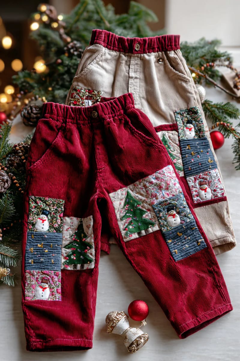 patch-adorned corduroy pants with upcycled tree and snowman motifs. 1