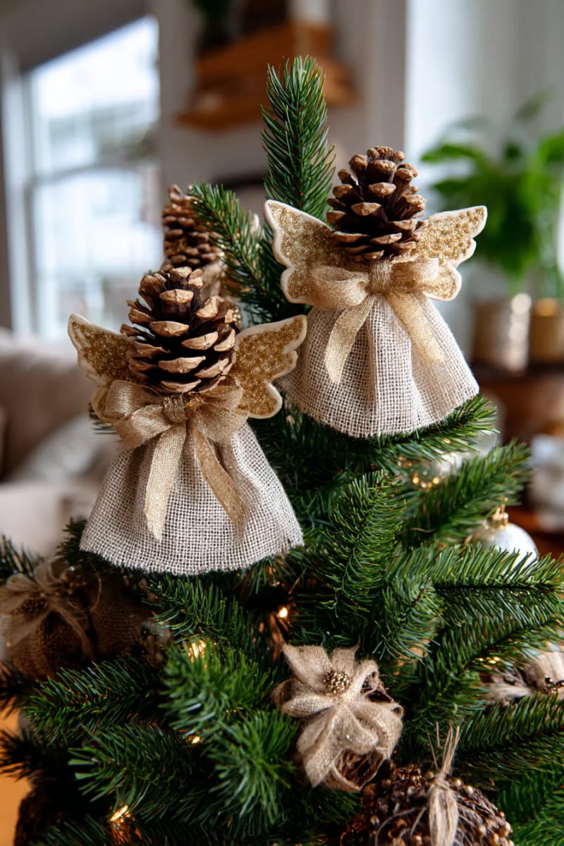 pinecone and burlap angel tree toppers with gold ribbon accents 1
