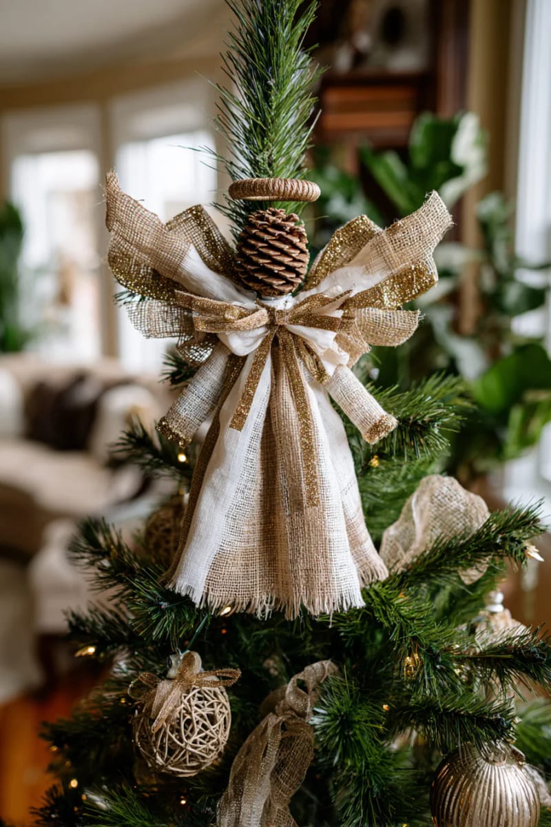 pinecone and burlap angel tree toppers with gold ribbon accents 1