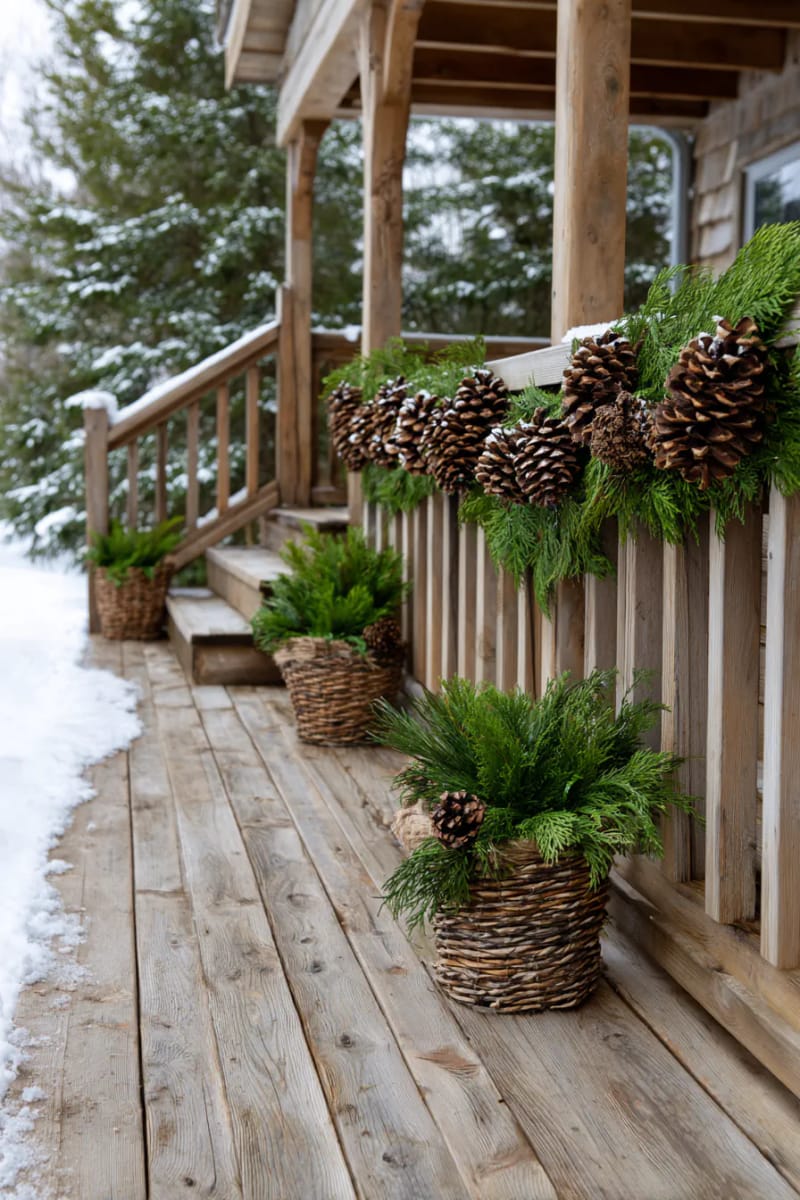 pinecone garland strung across porch railings with rustic twine and cedar sprigs 1