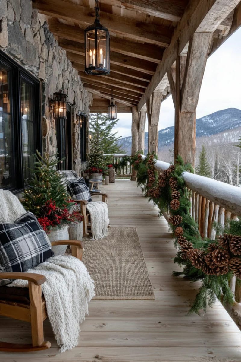 pinecone garland strung across porch railings with rustic twine and cedar sprigs 1