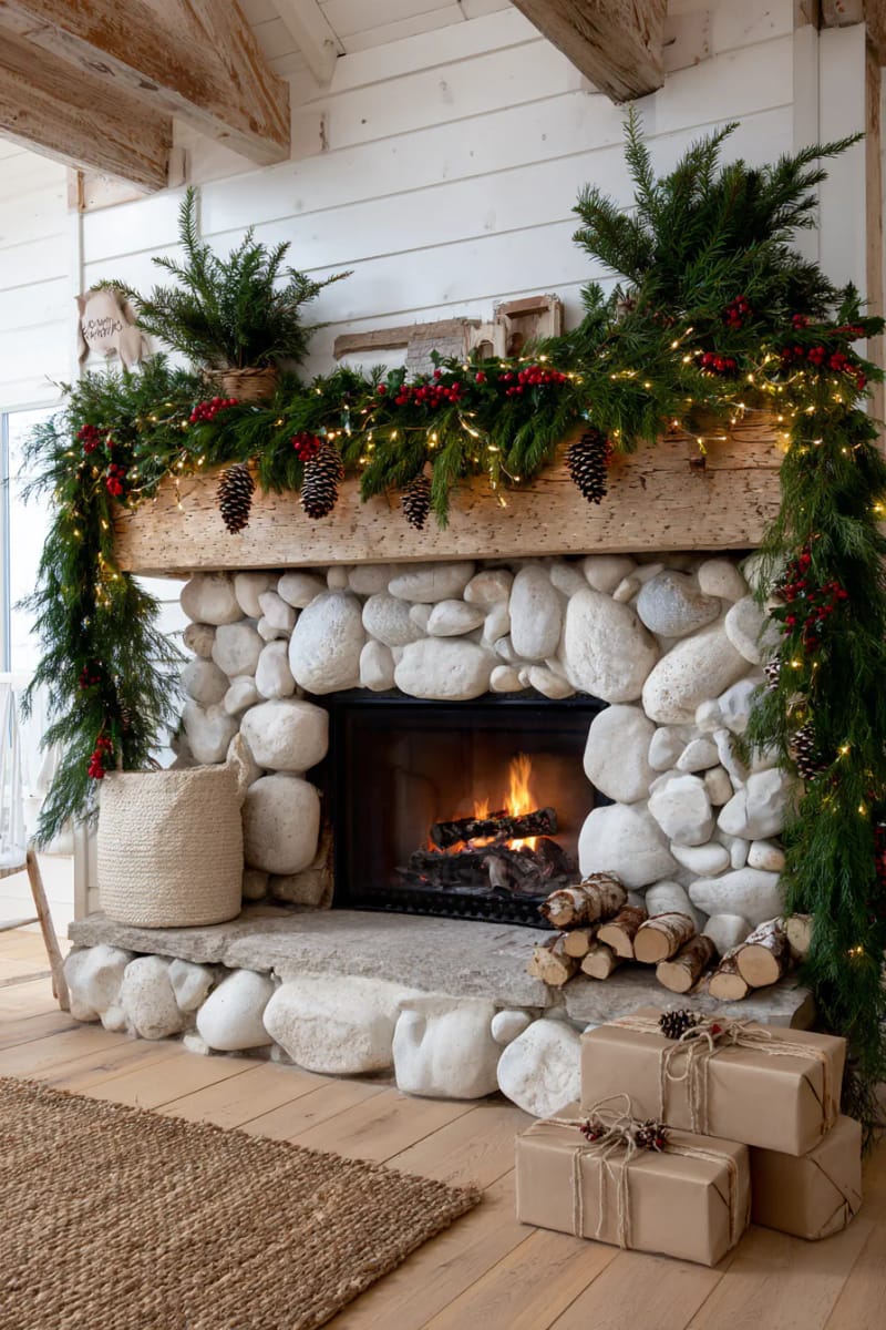 pinecone garlands strung over rustic cottage mantel with glowing fairy lights 1