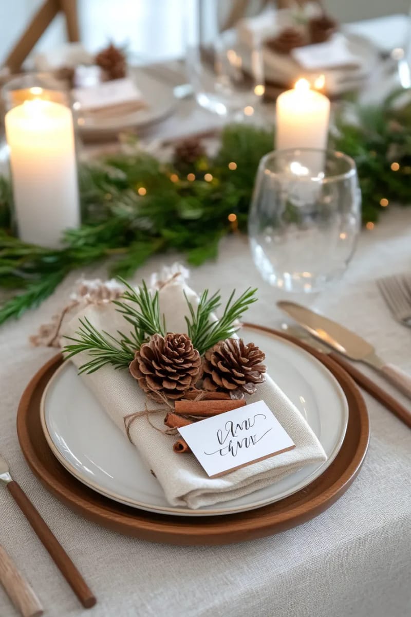 21 Creative Eco-Friendly Christmas Food Decor Guests Will Love! 3 pinecone place card holders with sprigs of fresh rosemary and cinnamon sticks 1
