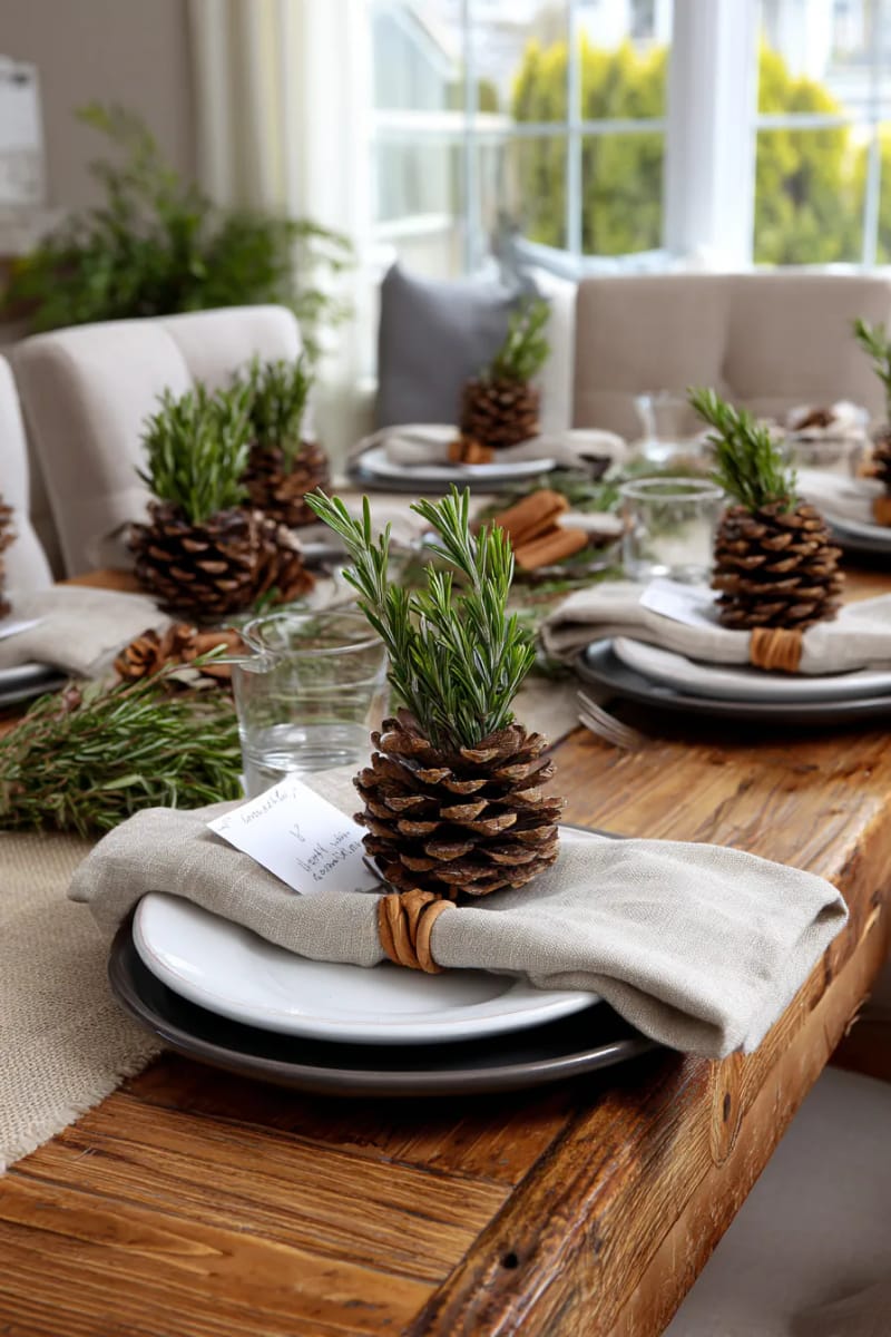 21 Creative Eco-Friendly Christmas Food Decor Guests Will Love! 4 pinecone place card holders with sprigs of fresh rosemary and cinnamon sticks 1