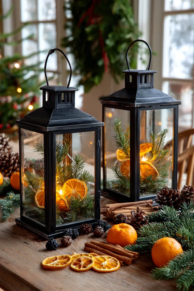 place dried orange slices and juniper sprigs inside lanterns for a warm glow 1