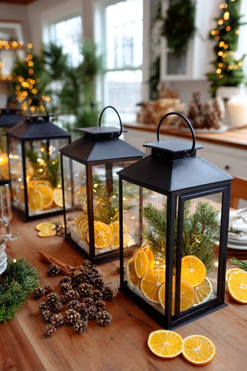 place dried orange slices and juniper sprigs inside lanterns for a warm glow 1