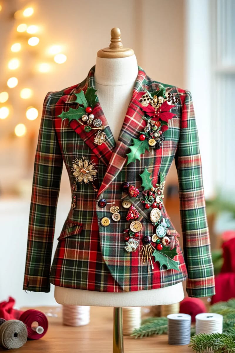 plaid blazer decorated with metallic pins, brooches, and fabric holly leaves. 1