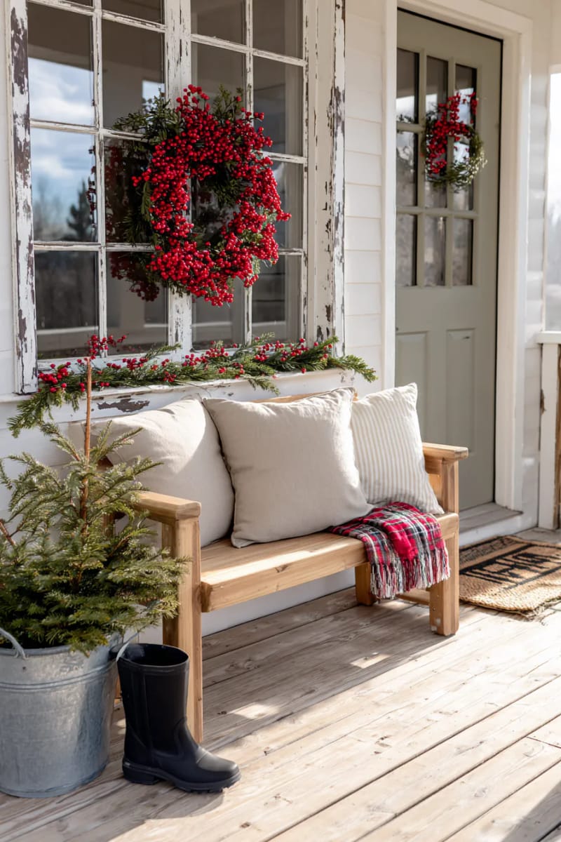 15 Simple Farmhouse Christmas Front Porch Decor Ideas 12 red berry wreath on a distressed white window frame as wall accent 1