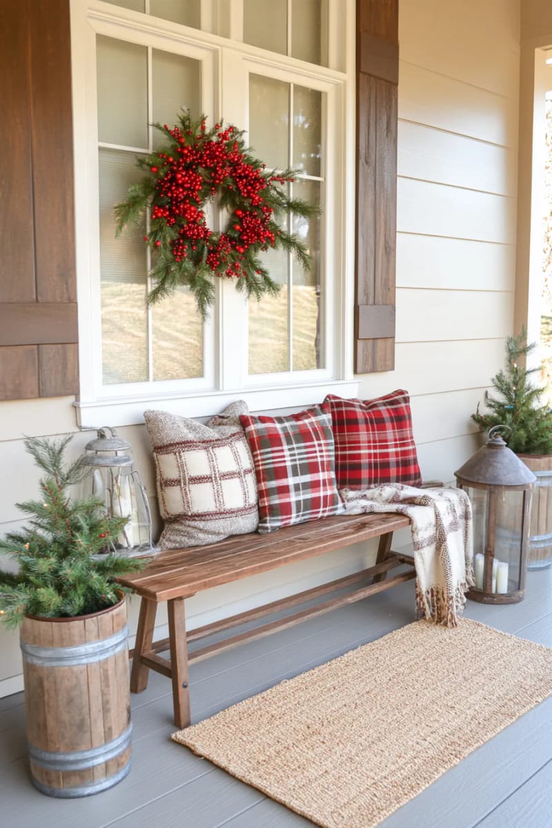 15 Simple Farmhouse Christmas Front Porch Decor Ideas 13 red berry wreath on a distressed white window frame as wall accent 1