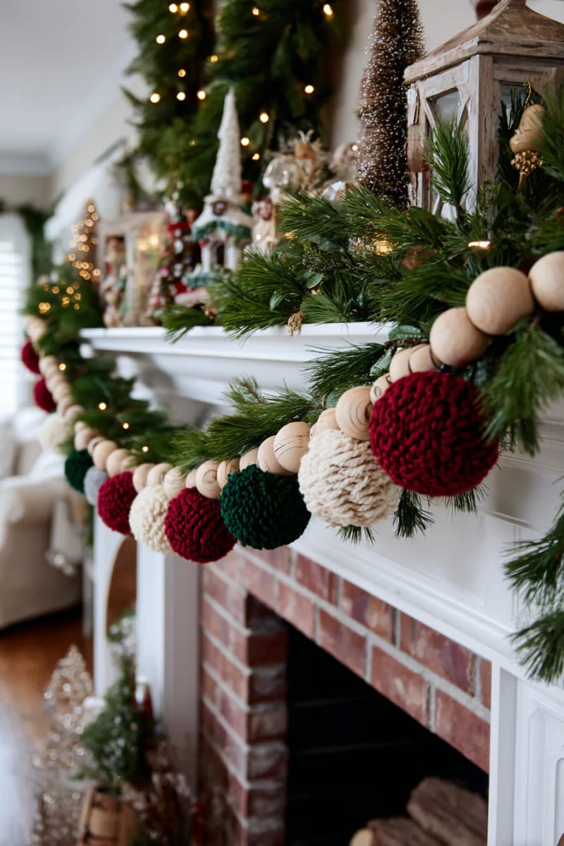 red, green, and cream pom-pom garland with vintage-inspired wooden beads 1