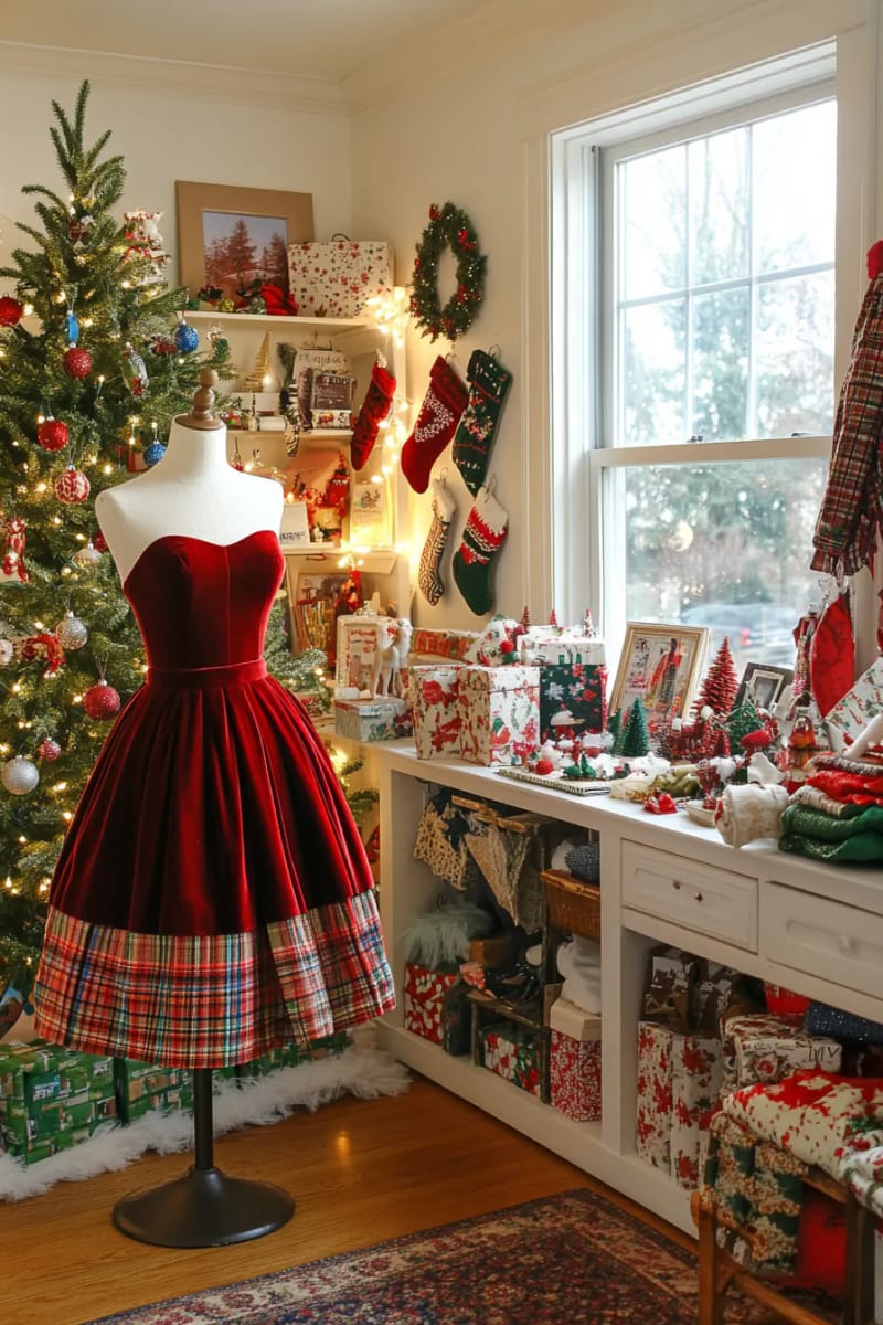 red velvet mini skirt pieced from thrifted holiday dresses and tartan scarves. 1