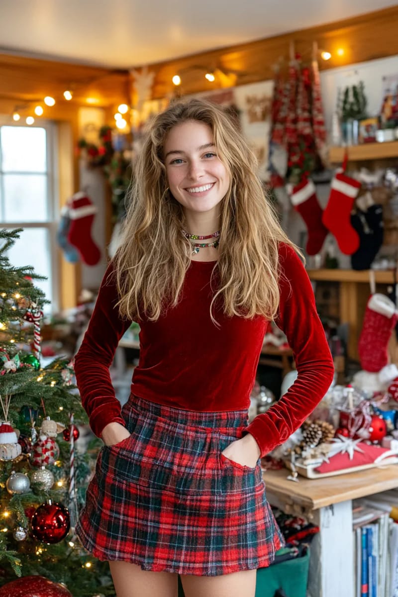 red velvet mini skirt pieced from thrifted holiday dresses and tartan scarves. 1
