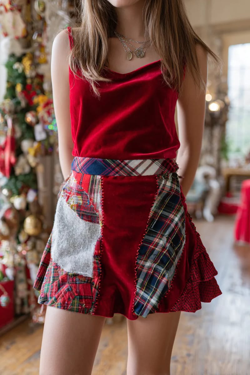 red velvet mini skirt pieced from thrifted holiday dresses and tartan scarves. 1