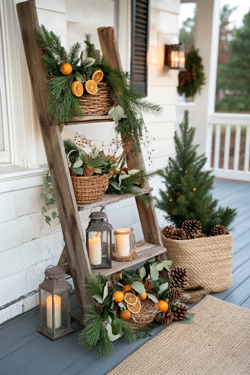 repurposed ladder with garlands of dried orange, cinnamon sticks, and bay leaves 1