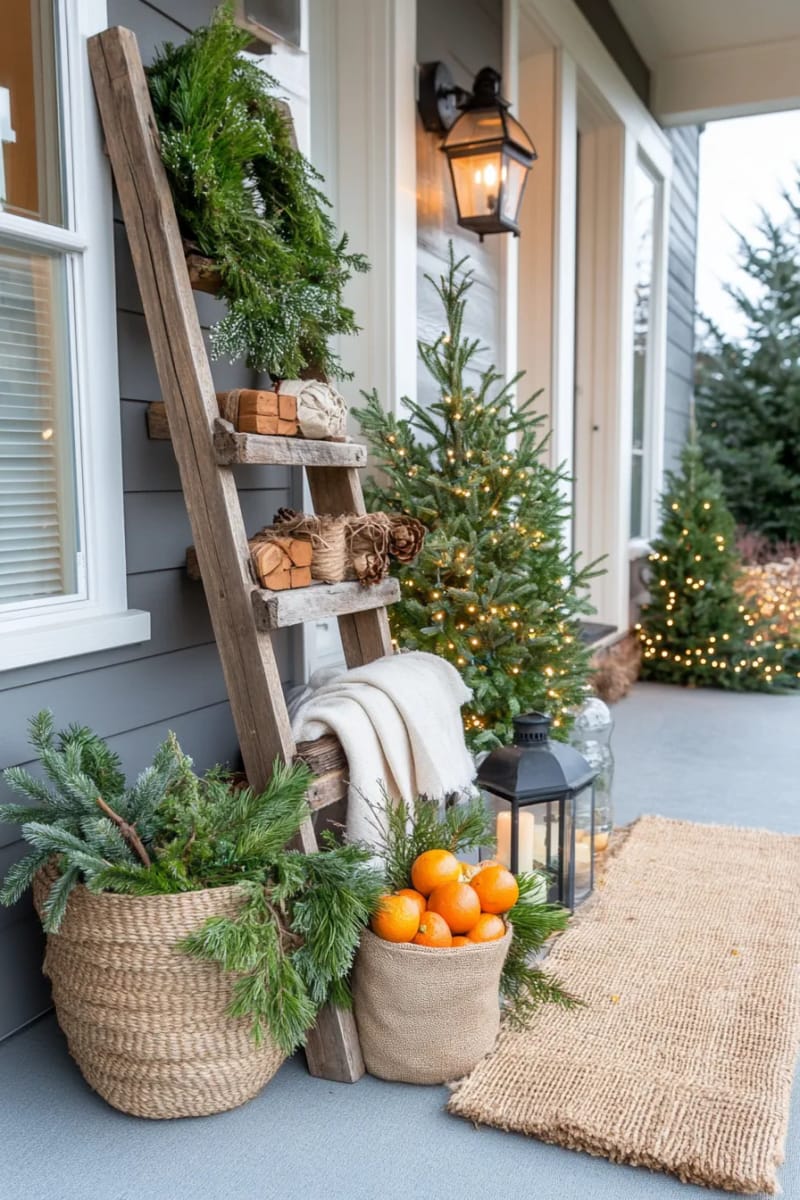 repurposed ladder with garlands of dried orange, cinnamon sticks, and bay leaves 1