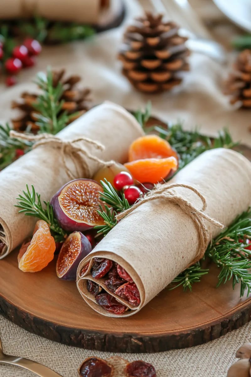 21 Creative Eco-Friendly Christmas Food Decor Guests Will Love! 18 reusable beeswax wrap crackers filled with organic dried fruits 1