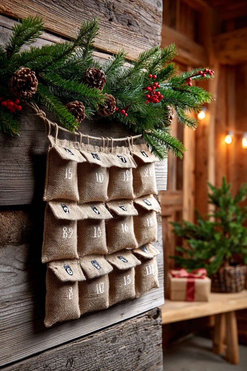 rustic burlap advent calendar with numbered pockets and mini pine garland 1