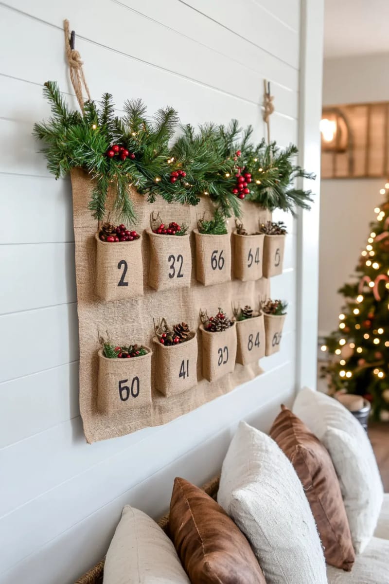 rustic burlap advent calendar with numbered pockets and mini pine garland 1