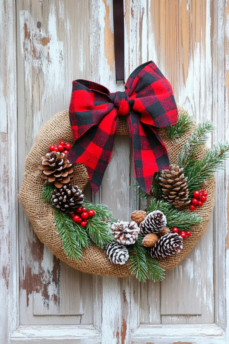 rustic burlap wreath with plaid ribbon and frosted pinecones 1