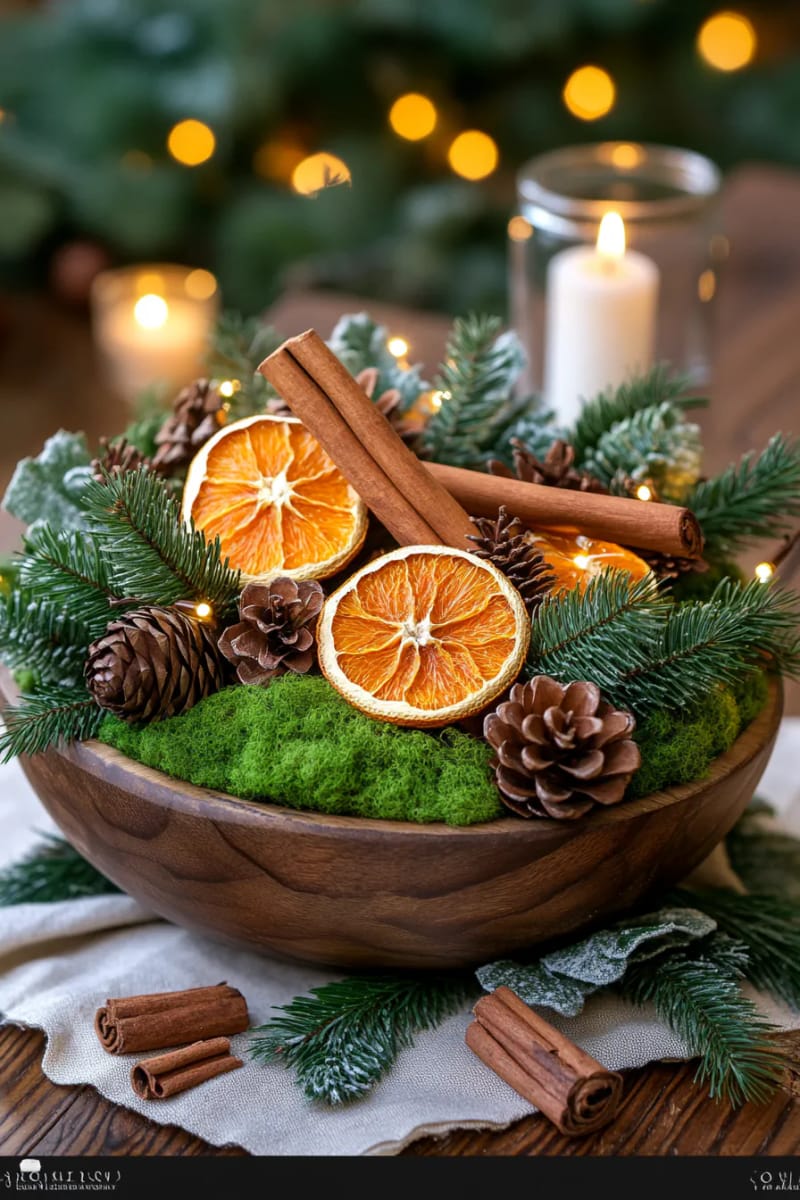 rustic dough bowl overflowing with moss, pine sprigs, and dried oranges 1