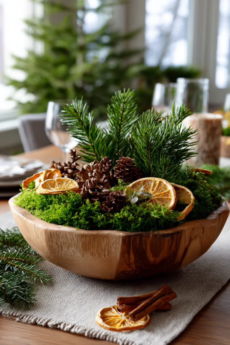 rustic dough bowl overflowing with moss, pine sprigs, and dried oranges 1