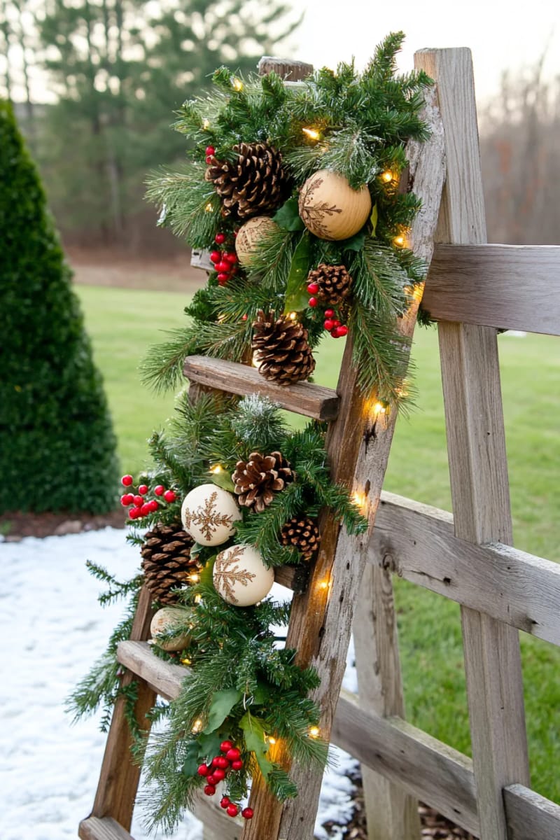 rustic ladder wrapped in greenery, pinecones, and miniature wooden ornaments 1