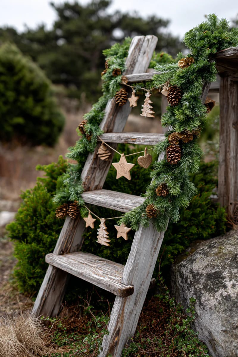 rustic ladder wrapped in greenery, pinecones, and miniature wooden ornaments 1