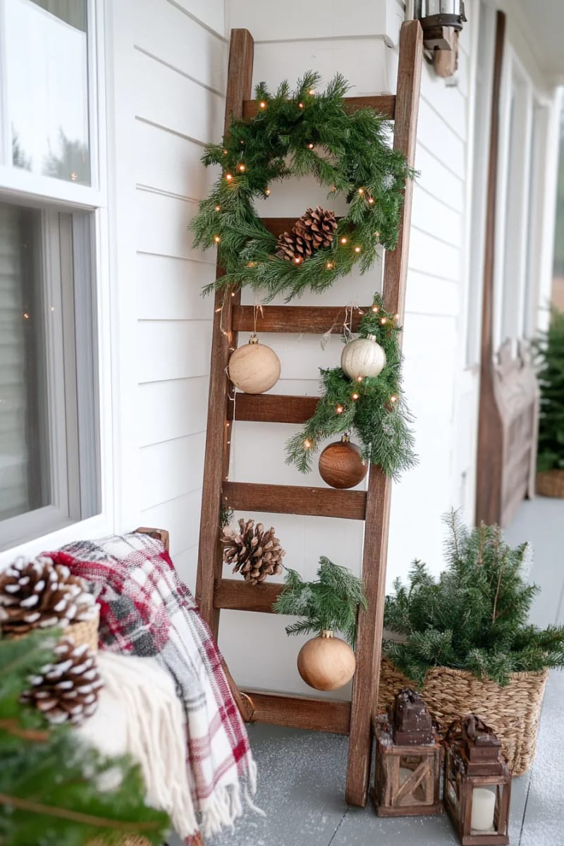 rustic ladder wrapped in greenery, pinecones, and miniature wooden ornaments 1