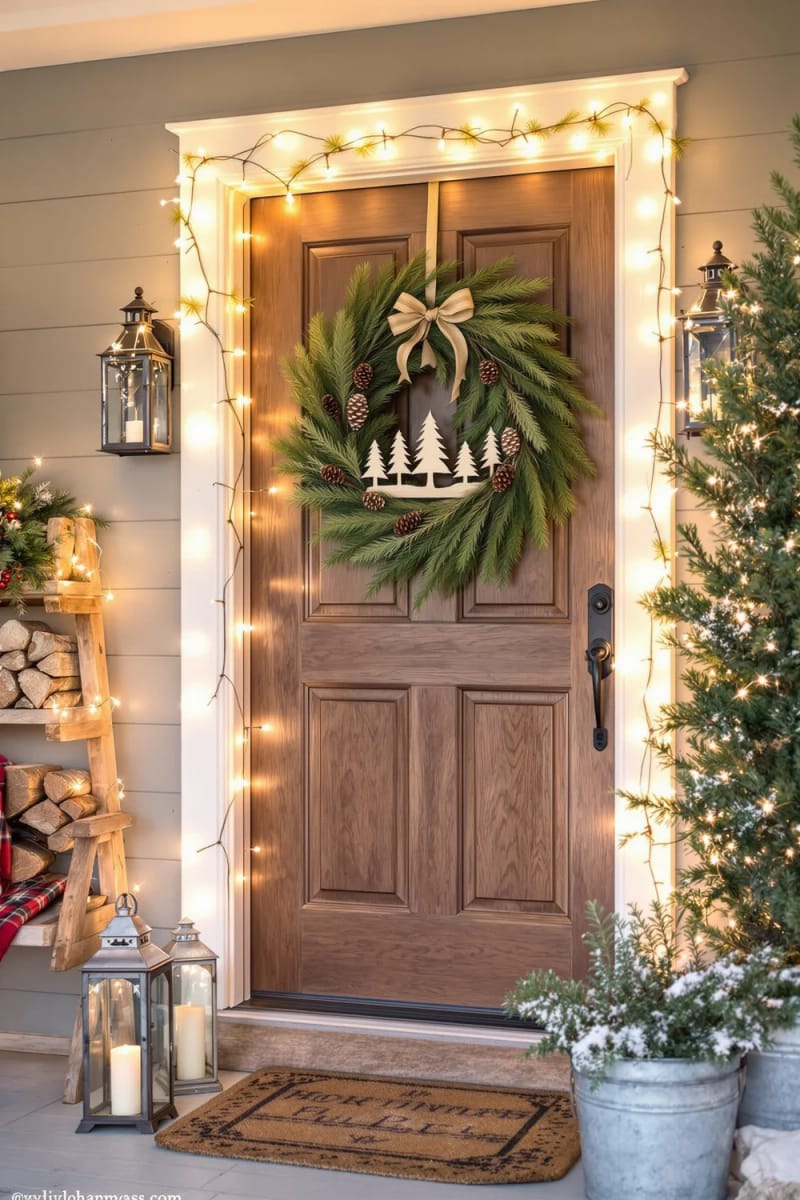rustic pine wreath adorned with miniature wood christmas trees and pinecones 1