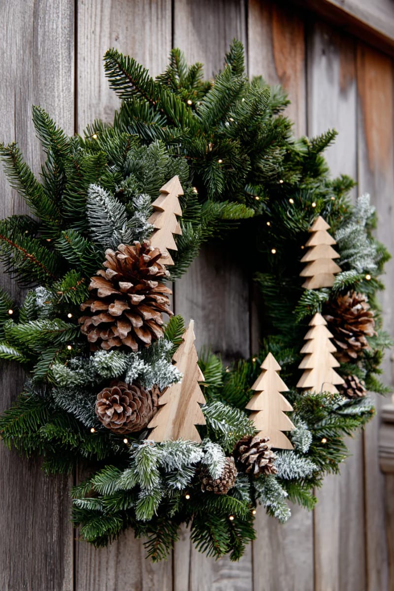 rustic pine wreath adorned with miniature wood christmas trees and pinecones 1