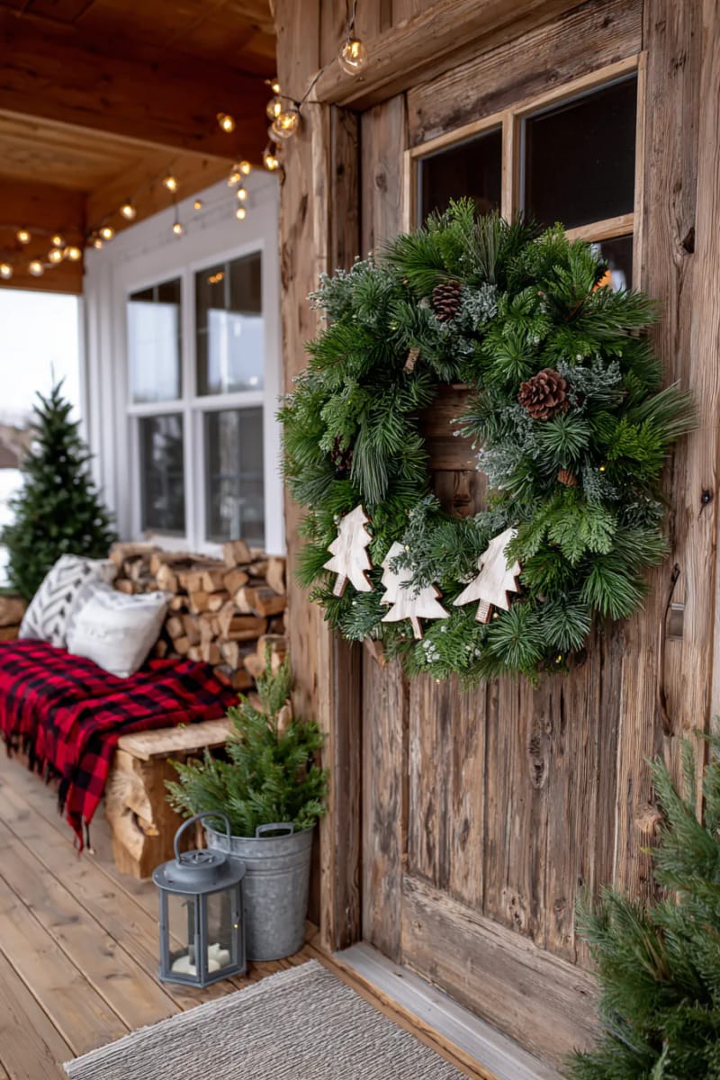 rustic pine wreath adorned with miniature wood christmas trees and pinecones 1