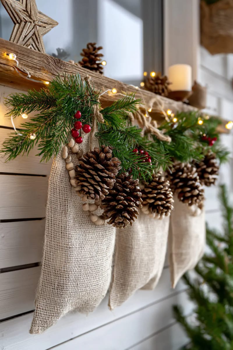 rustic wall hanging using burlap, mini pinecones and wood beads 1