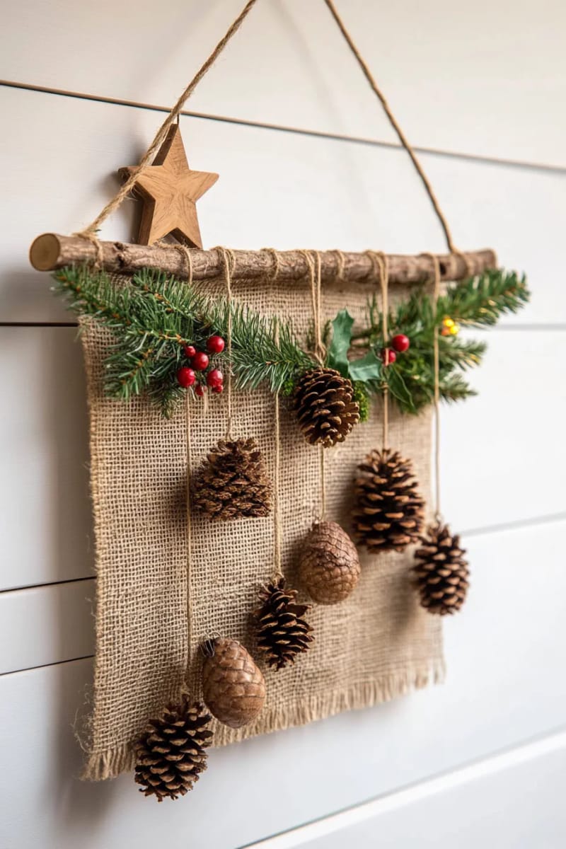 rustic wall hanging using burlap, mini pinecones and wood beads 1