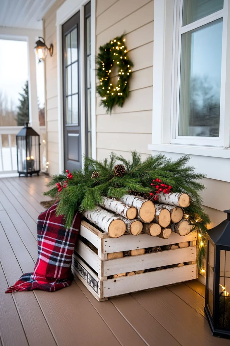 15 Cozy Modern Farmhouse Christmas Ideas For Front Porch 2025 16 rustic wood crate stacked with birch logs and greenery, accented by string lights 1