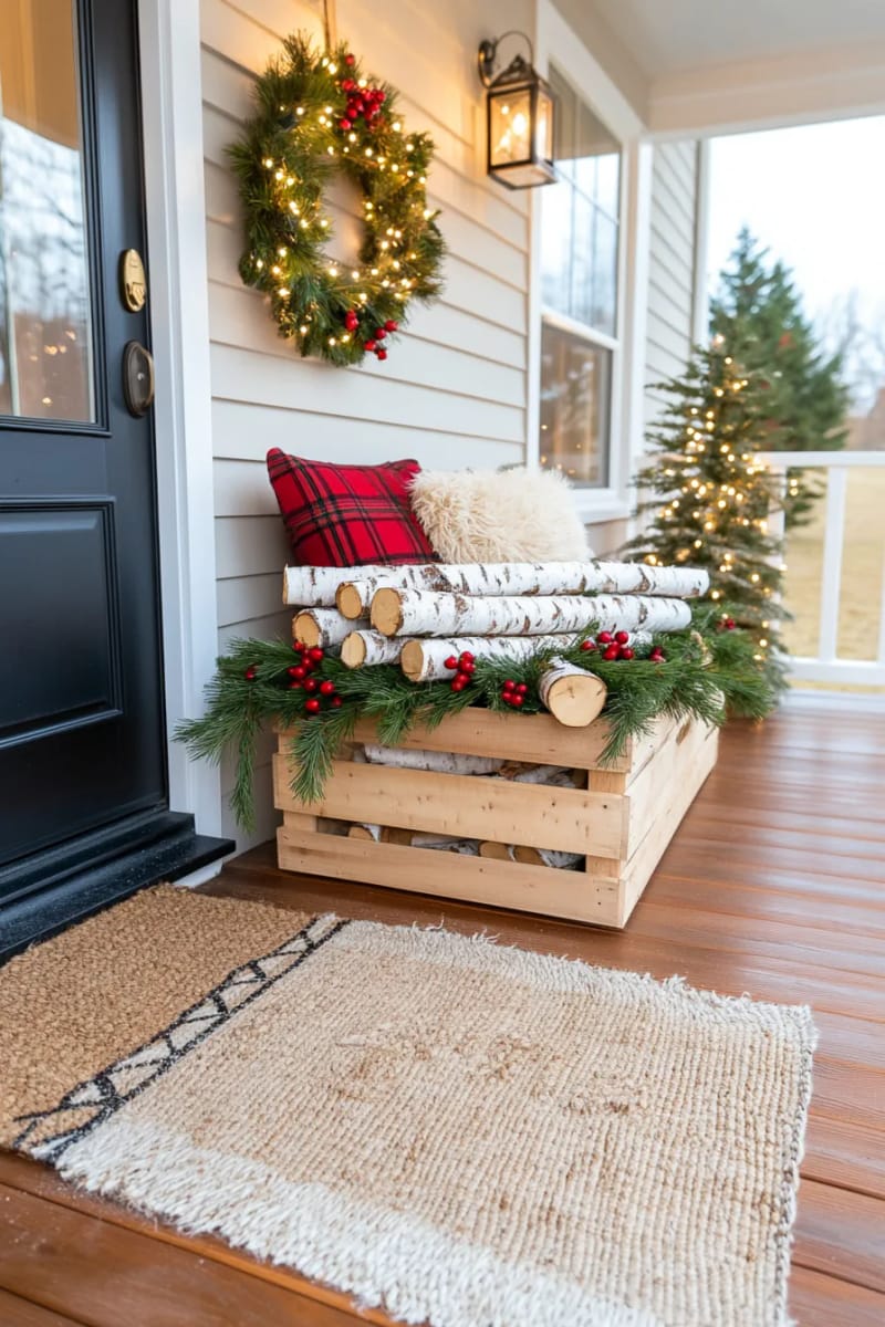 15 Cozy Modern Farmhouse Christmas Ideas For Front Porch 2025 17 rustic wood crate stacked with birch logs and greenery, accented by string lights 1